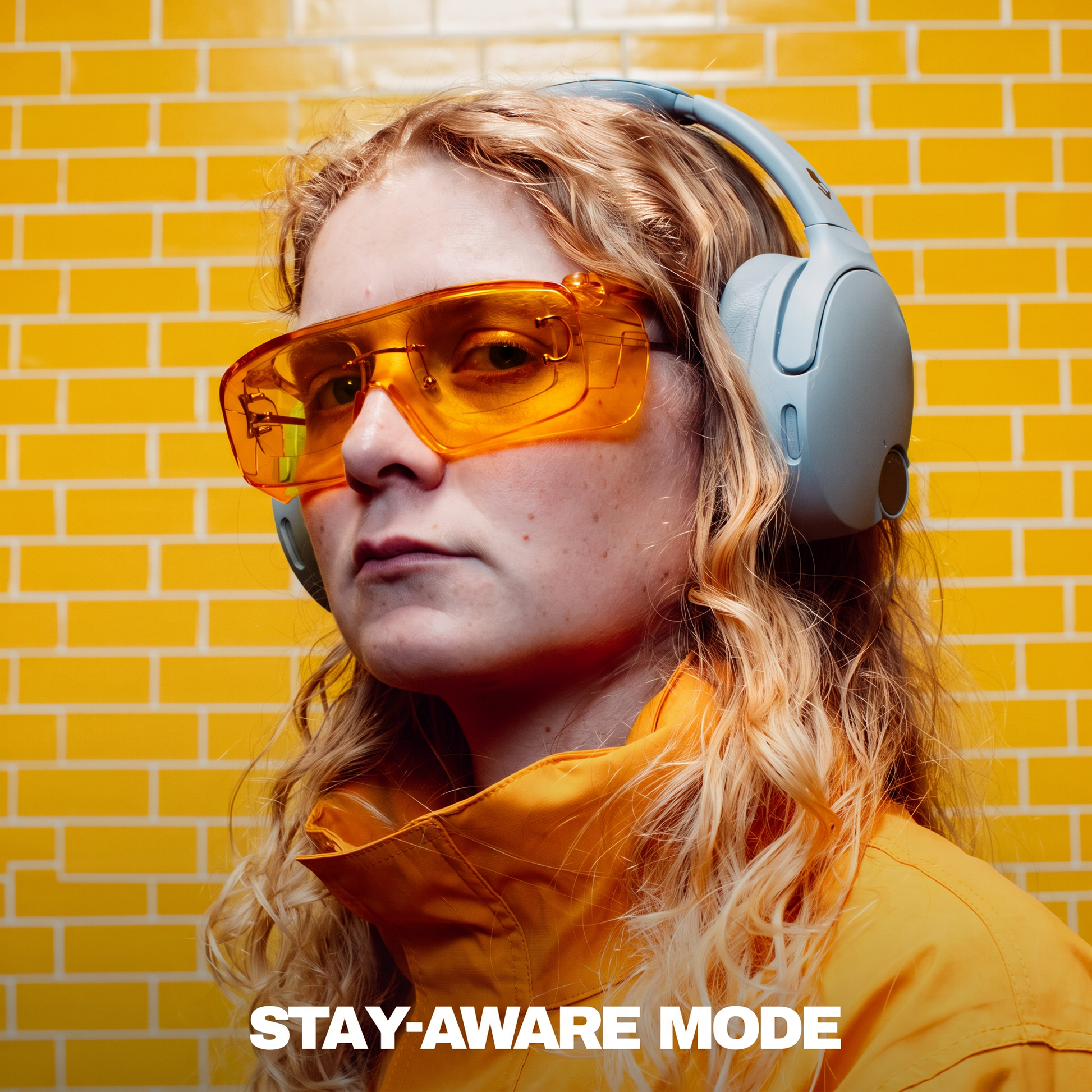 Person wearing Skullcandy Crusher 1080 ANC Headphones, orange sunglasses and a yellow jacket with a yellow brick wall background | Cement