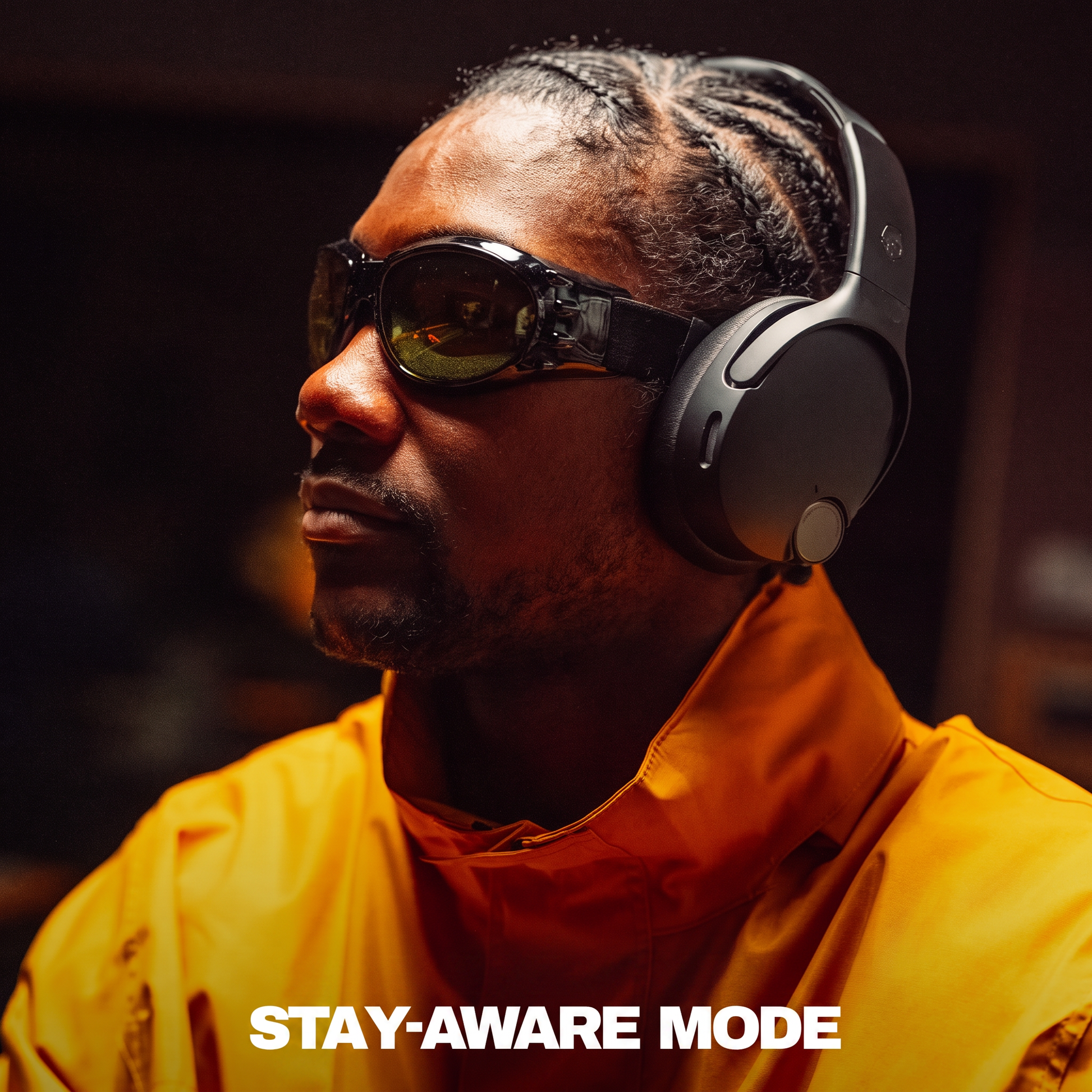 Person wearing sunglasses and headphones with text 'Adjustable Stay-Aware Mode' on a dark background | True Black
