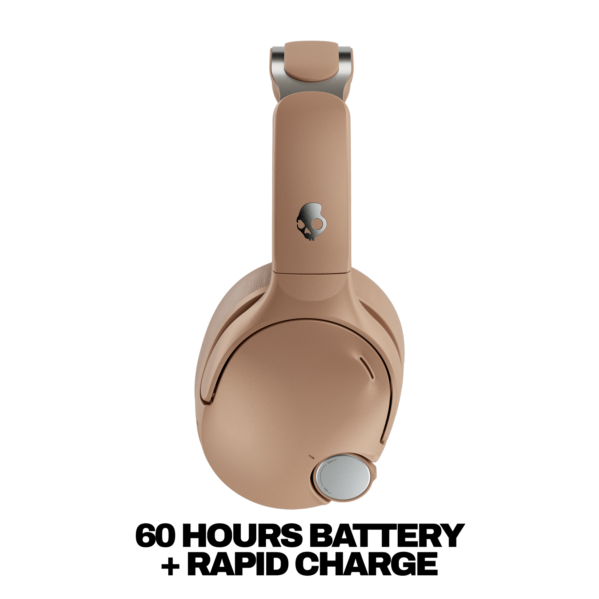 Beige Skullcandy Crusher 1080 ANC headphones with a brand logo on a black background | Primer