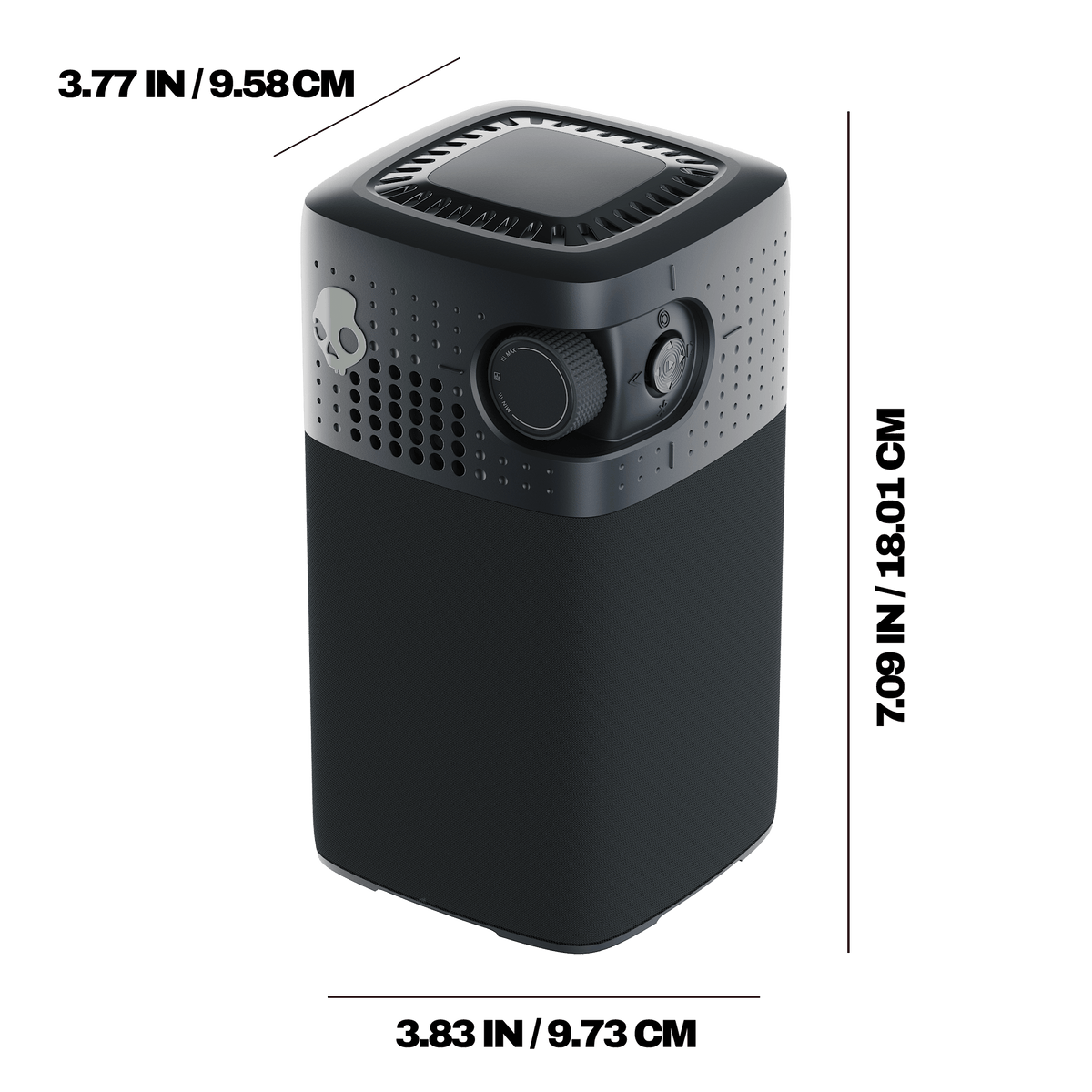 A black session 900 shown on a white background with dimension labels indicating 3.77 inches height, 3. | Cement