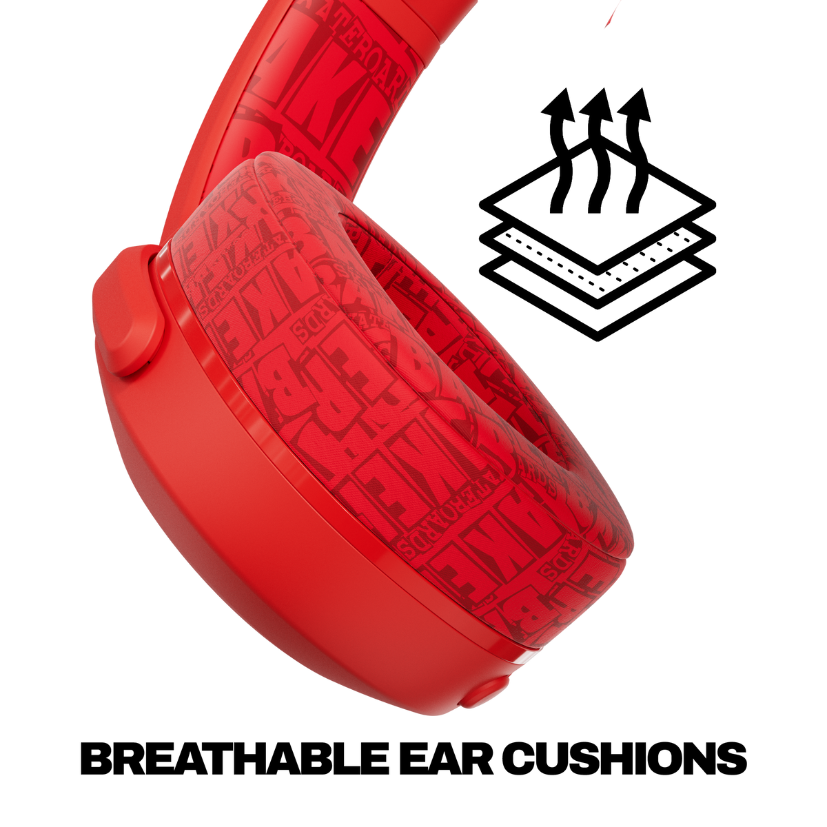 Red over-ear headphones with a patterned ear cushion, shown on a white background with an icon of breathable ear cushions and the text 'BREATHABLE EAR CUSHIONS'. | Skullcandy X Baker Skateboards