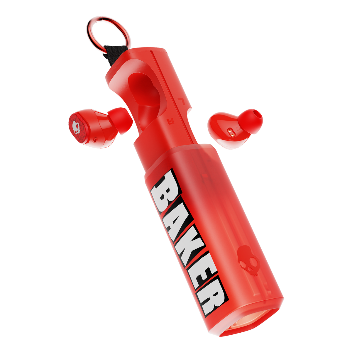 Red wireless Dime 360 earbuds in a matching translucent red charging case with a black keychain ring. The case features the brand name 'BAKER' printed vertically in bold white letters with a black outline. | Skullcandy X Baker Skateboards