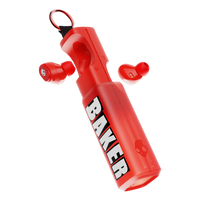 Red wireless Dime 360 earbuds in a matching translucent red charging case with a black keychain ring. The case features the brand name 'BAKER' printed vertically in bold white letters with a black outline. | Skullcandy X Baker Skateboards