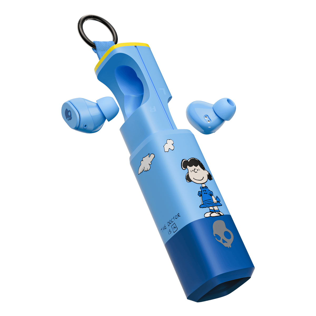 Light blue and dark blue wireless Dime 360 earbuds in a matching cylindrical carrying case with Lucy from Peanuts, shown on a plain white background. | Skullcandy X Peanuts Lucy