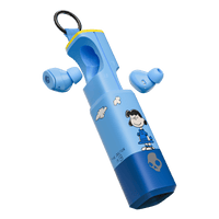 Light blue and dark blue wireless Dime 360 earbuds in a matching cylindrical carrying case with Lucy from Peanuts, shown on a plain white background. | Skullcandy X Peanuts Lucy