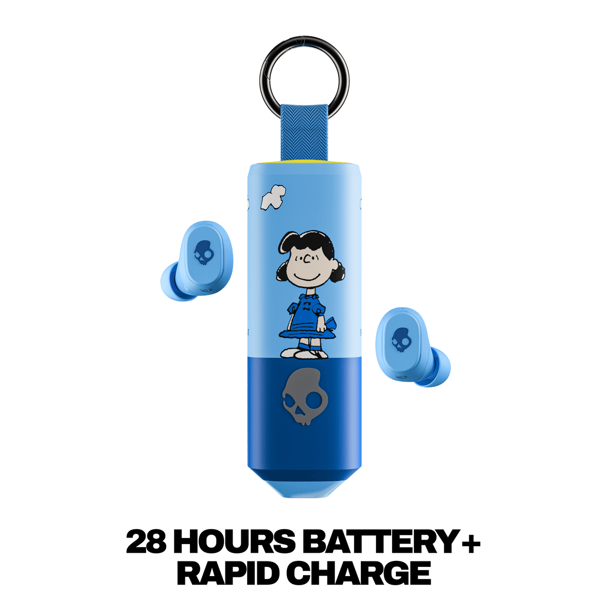 Blue and light blue cylindrical wireless earbuds charging case with Lucy from Peanuts and skull logo, shown with two earbuds on a white background and text reading '28 HOURS BATTERY+ RAPID CHARGE'. | Skullcandy X Peanuts Lucy