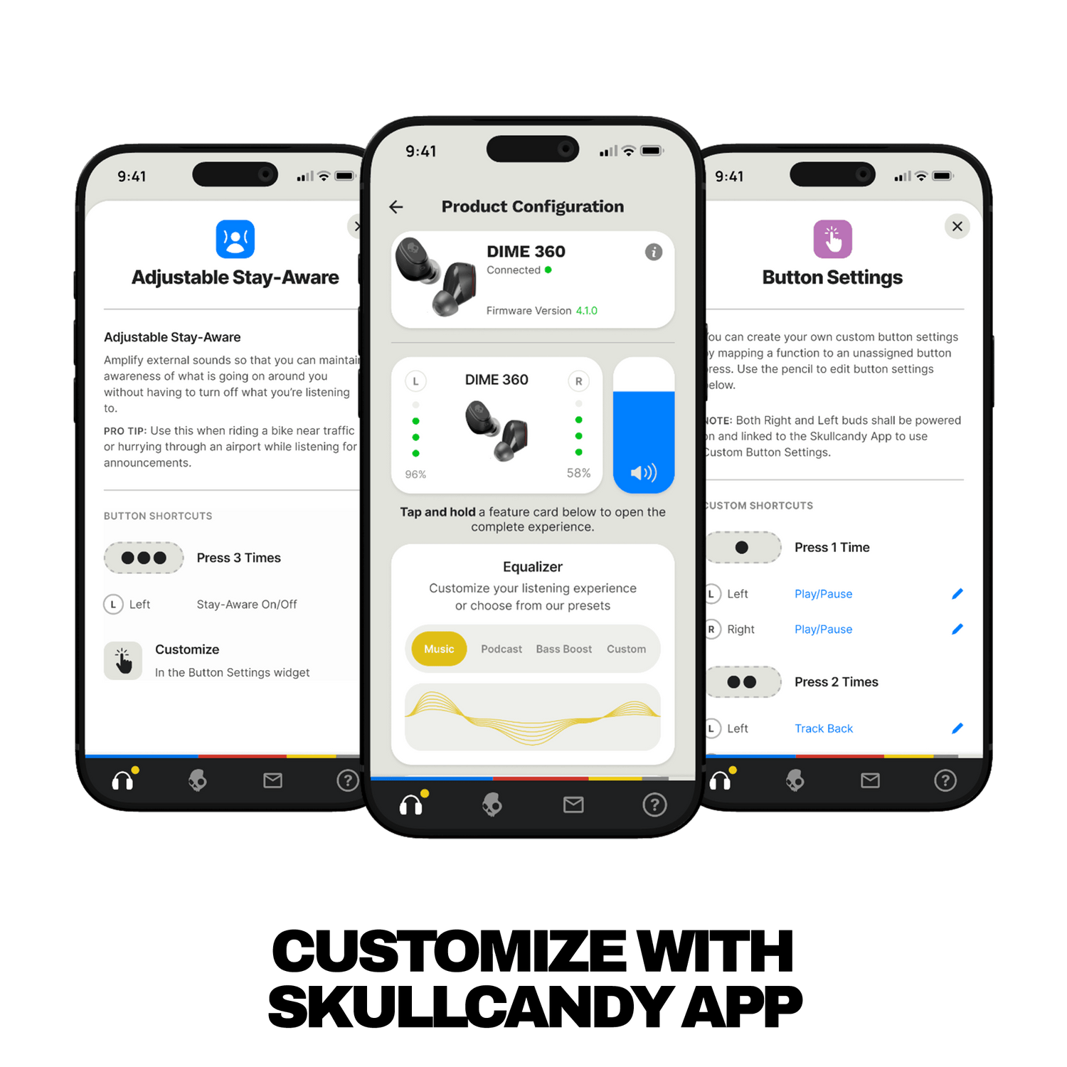 Three smartphone screens displaying different app interfaces on a black background | Skullcandy X Peanuts Lucy
