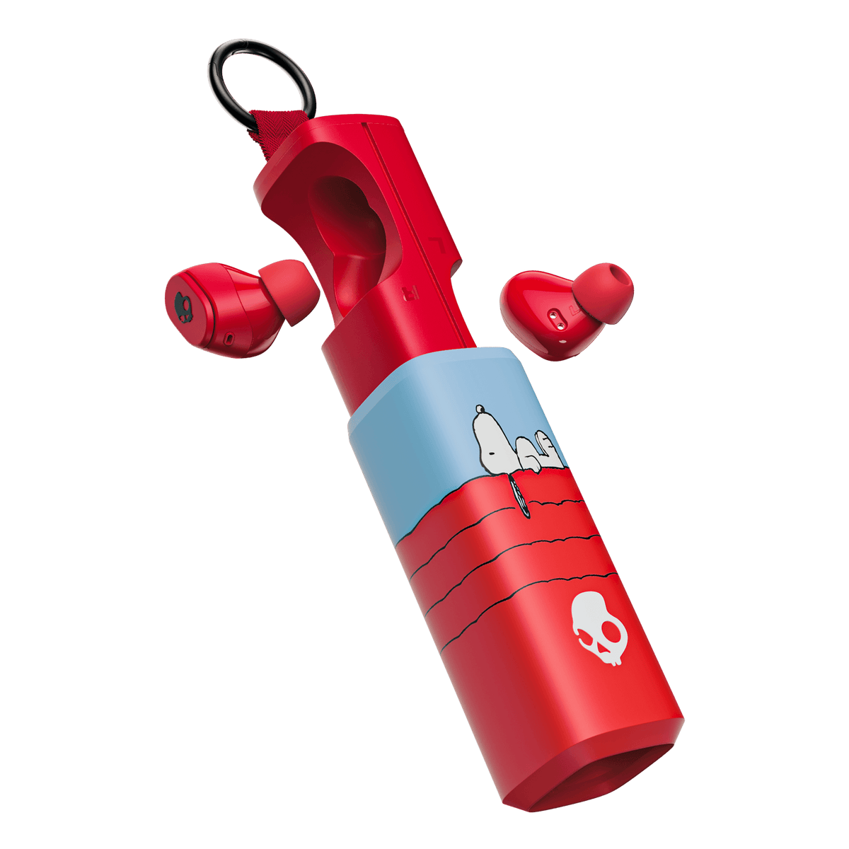 Red wireless Dime 360earbuds with a matching cylindrical charging case featuring a light blue band and Snoopy illustrations, shown on a plain white background. | Skullcandy X Peanuts Snoopy
