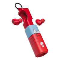 Red wireless Dime 360earbuds with a matching cylindrical charging case featuring a light blue band and Snoopy illustrations, shown on a plain white background. | Skullcandy X Peanuts Snoopy
