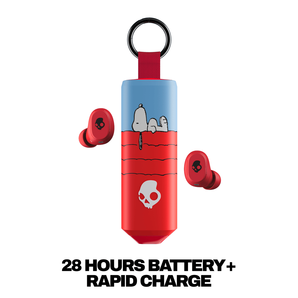 Red and light blue cylindrical earbud charging case with Snoopy illustrations, shown with two red earbuds on a white background and the text '28 HOURS BATTERY+ RAPID CHARGE' below. | Skullcandy X Peanuts Snoopy