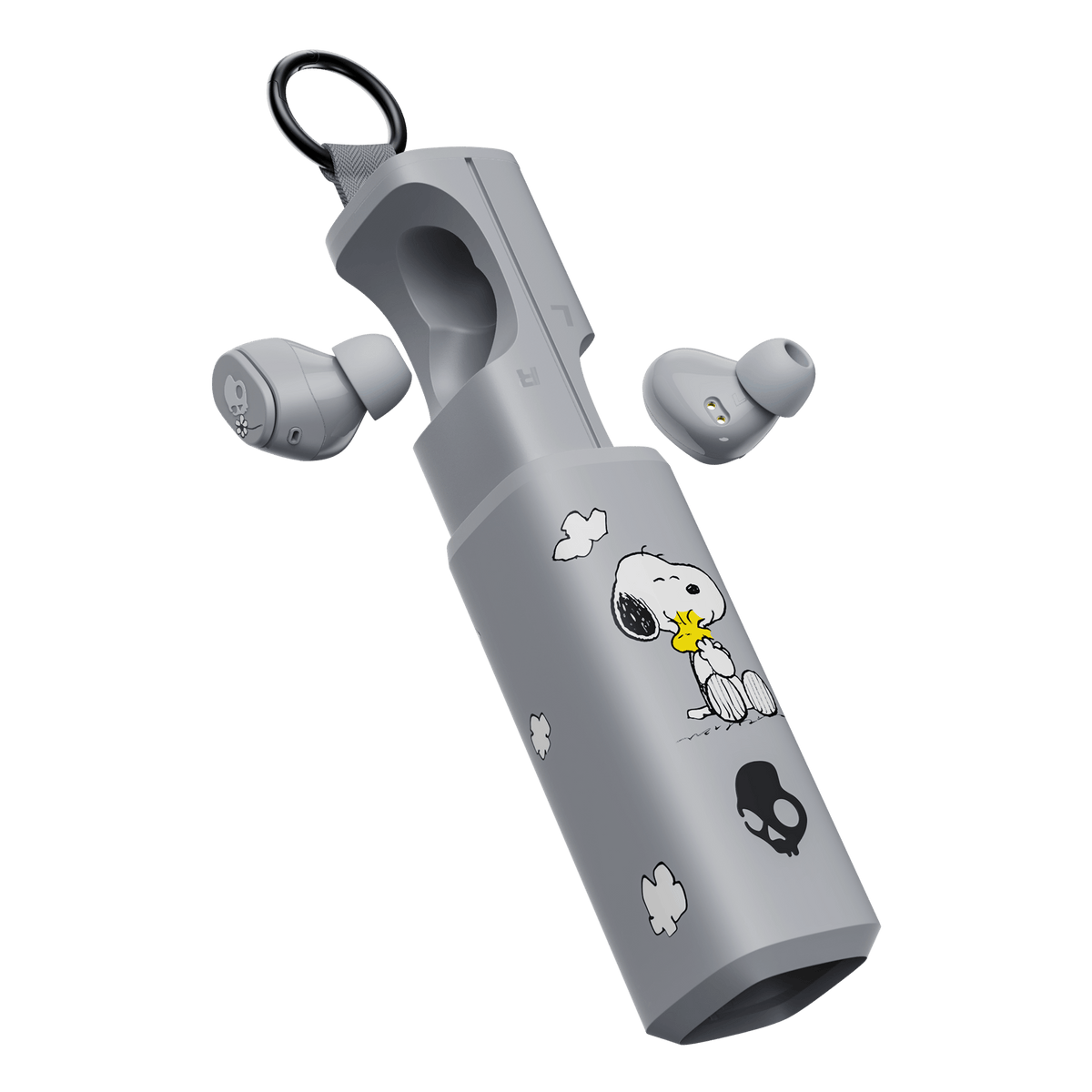 Gray wireless dime 360 earbuds with a matching charging case decorated with Snoopy and Woodstock illustrations, shown on a clean white background. | Skullcandy X Peanuts Woodstock & Snoopy