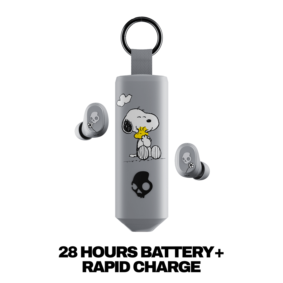 Gray wireless Dime 360earbuds with Snoopy and Woodstock graphics on the charging case and earbuds, shown on a white background with text reading '28 HOURS BATTERY+ RAPID CHARGE'. | Skullcandy X Peanuts Woodstock & Snoopy