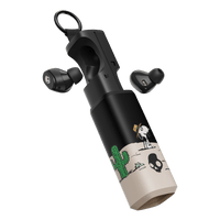 Black wireless dime 360 earbuds with a matching cylindrical charging case featuring a spike llustration, skull, and a small character. The case has a black upper section and a beige lower section, with a black carrying loop at the top, shown on a plain white background.  | Skullcandy X Peanuts Spike