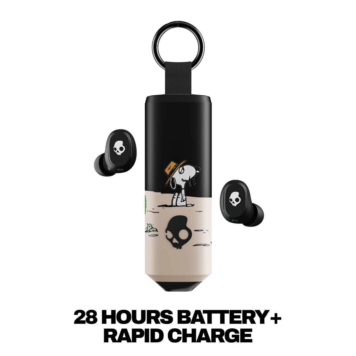 Black and beige wireless dime 360 earbuds with cartoon skull-and-spike graphics, shown with a matching cylindrical charging case and promotional text reading '28 HOURS BATTERY+ RAPID CHARGE' on a white background.  | Skullcandy X Peanuts Spike