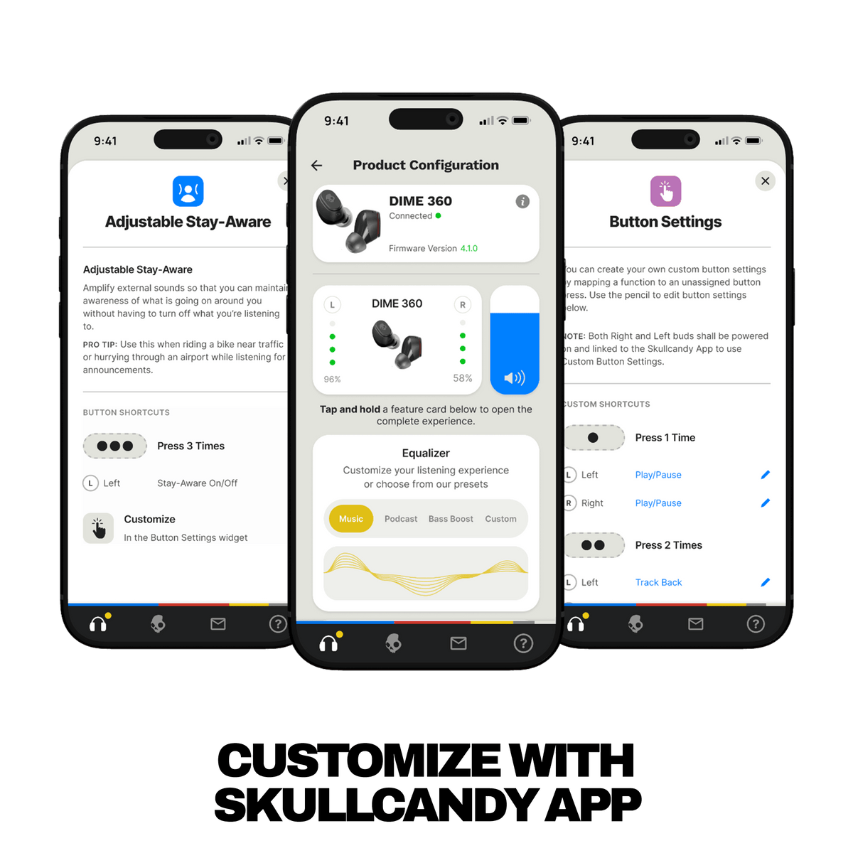 Three smartphone screens displaying different app interfaces on a black background   | Skullcandy X Peanuts Spike