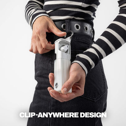 Skullcandy Method 360 ANC true wireless Noise Canceling Earbuds with Clip-Anywhere Design showing case on belt loop | Bone