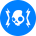 Circular blue icon with a white skull and lightning bolts on a black background