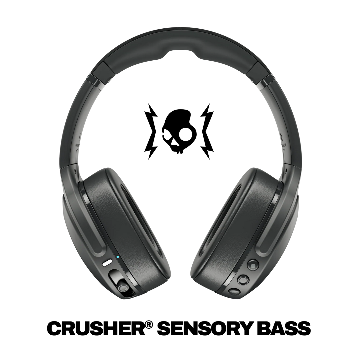 Black headphones with skull design on a white background, featuring 'Crusher Sensory Bass' branding. | Dustbox