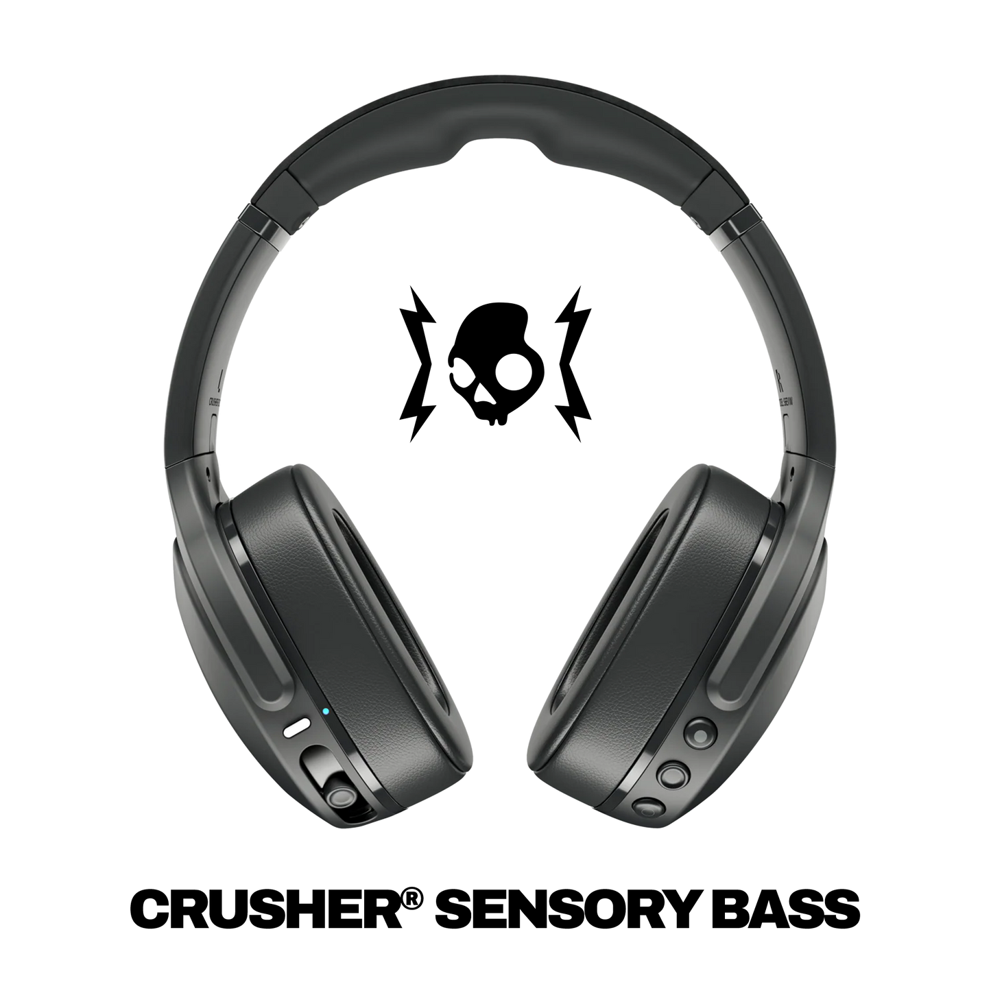 Black headphones with skull design on a white background, featuring 'Crusher Sensory Bass' branding. | Dustbox