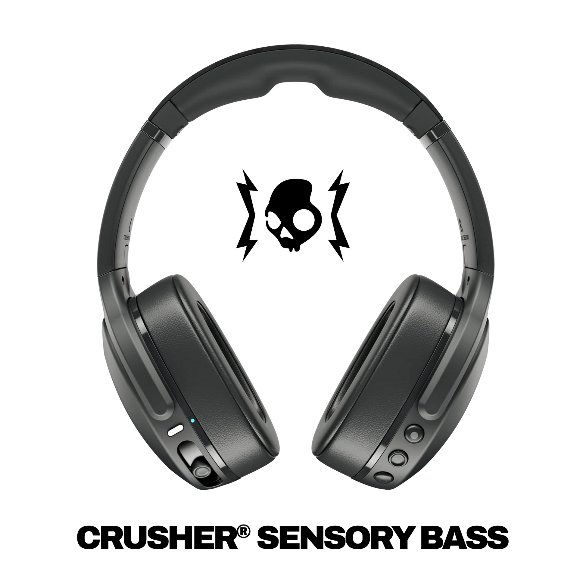 Black headphones with skull design on a white background, featuring 'Crusher Sensory Bass' branding. | Dustbox