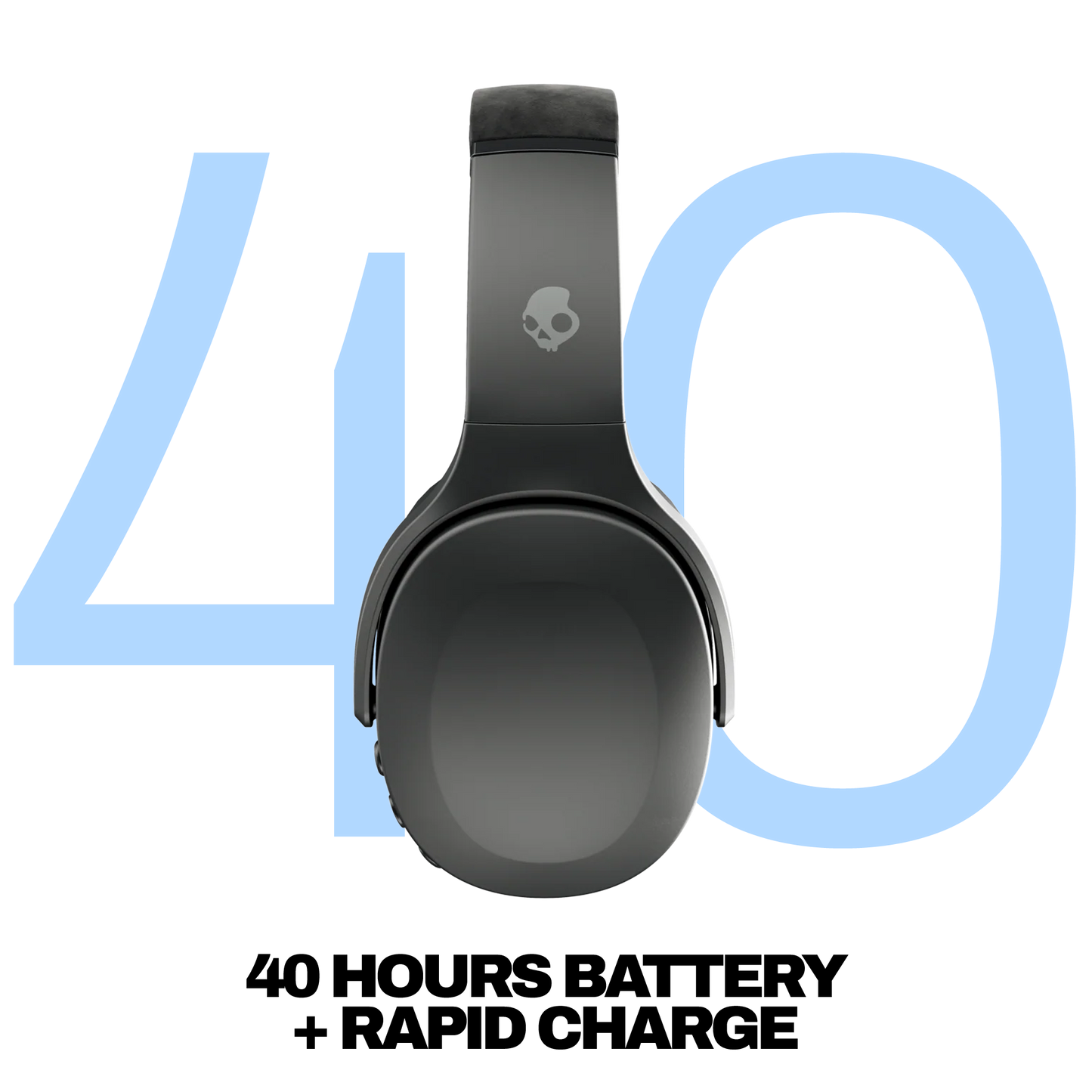 Black headphones with a brand logo on a white background, featuring text about battery life and charging. | Dustbox