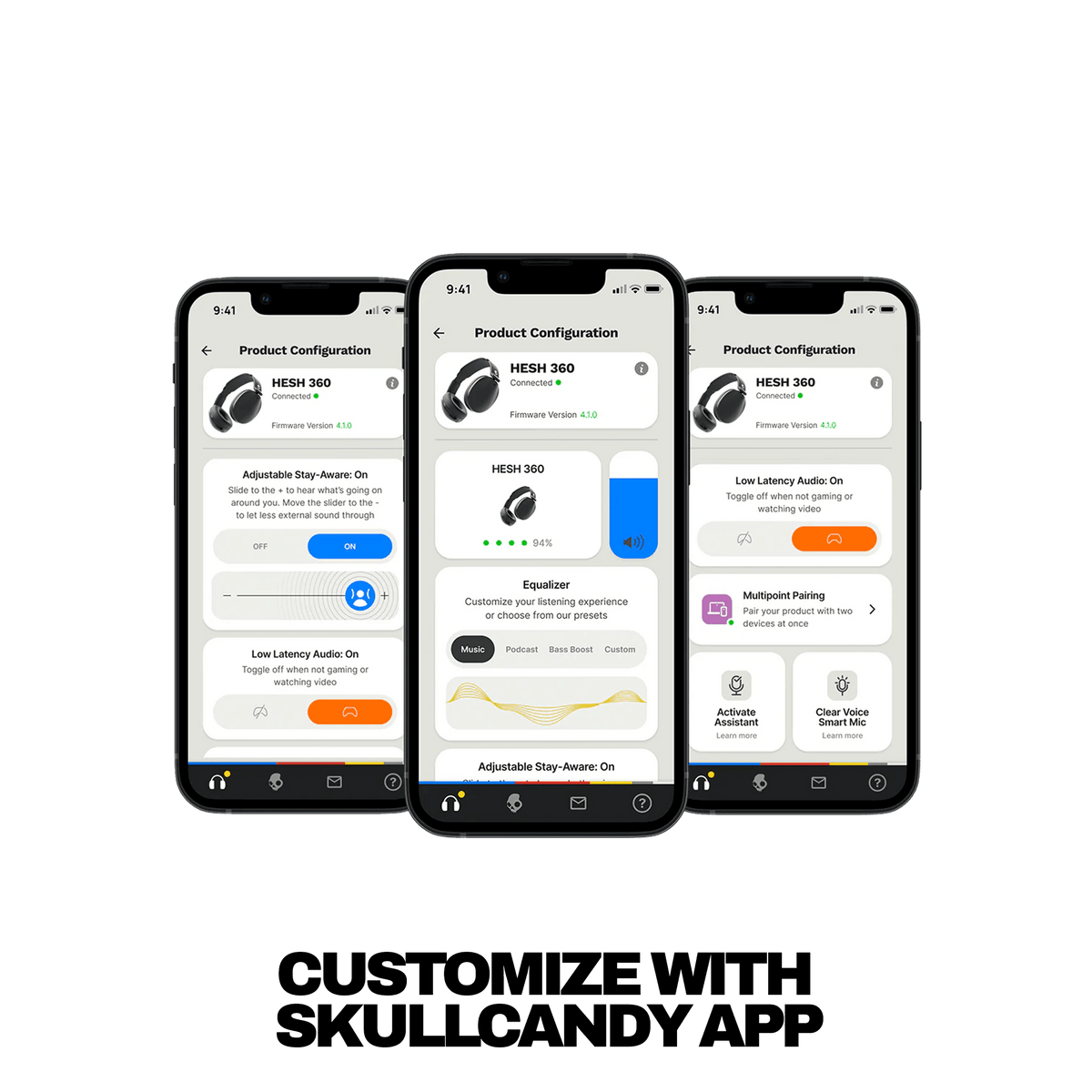 Three smartphone mockups display the Skullcandy app's product configuration screen, with customizable settings for HESH 360 headphones and other audio features. Below the phones, the text reads 'CUSTOMIZE WITH SKULLCANDY APP' on a white background. | True Black