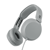 Grey over-ear wired headphones shown at an angle against a solid black background. | Cement