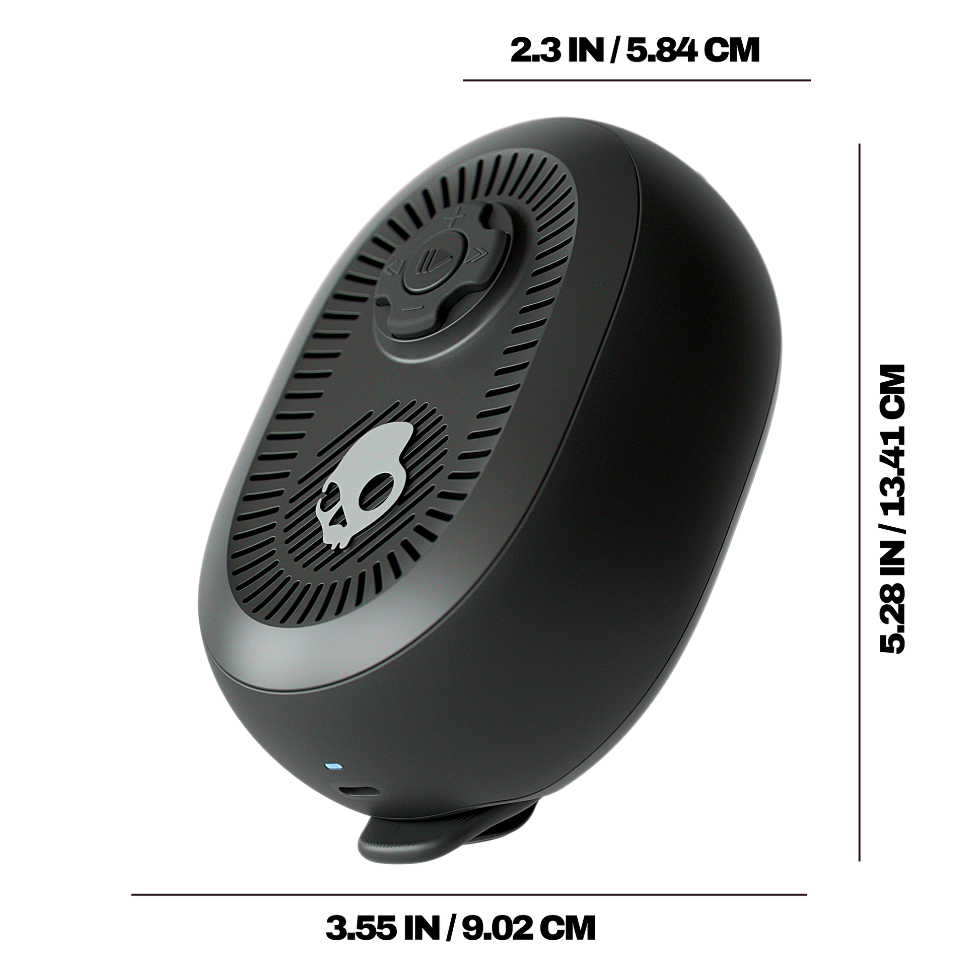 Black portable speaker with dimensions displayed on a white background | True Black