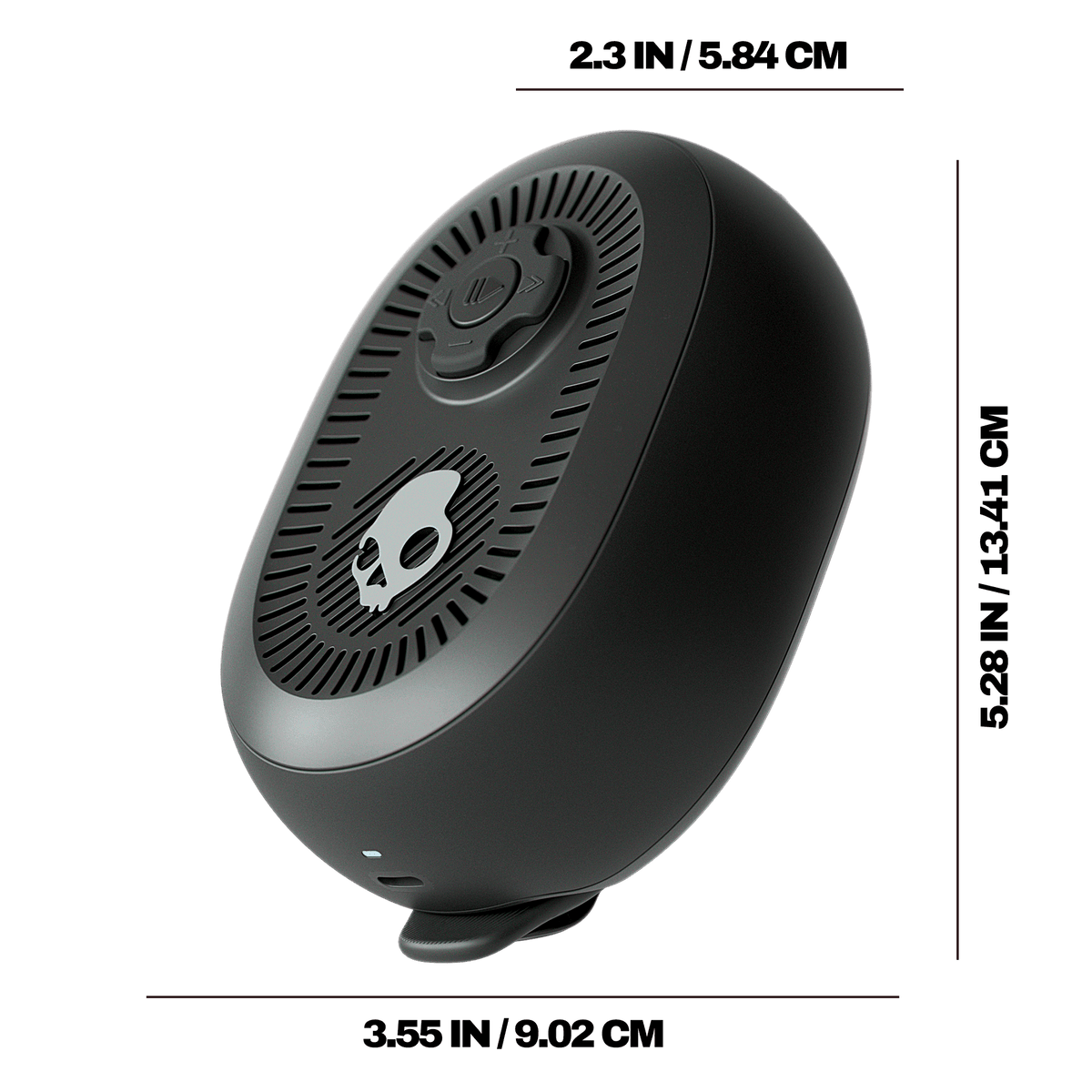 A sleek, matte black oval-shaped portable speaker , featuring a white skull logo and a small blue LED indicator light, shown against a solid black background. | Leopard