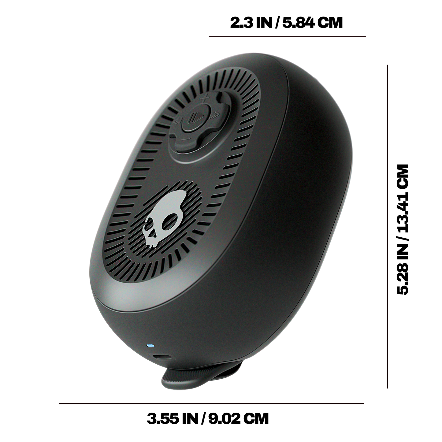 Black portable speaker with dimensions displayed on a white background | Primer