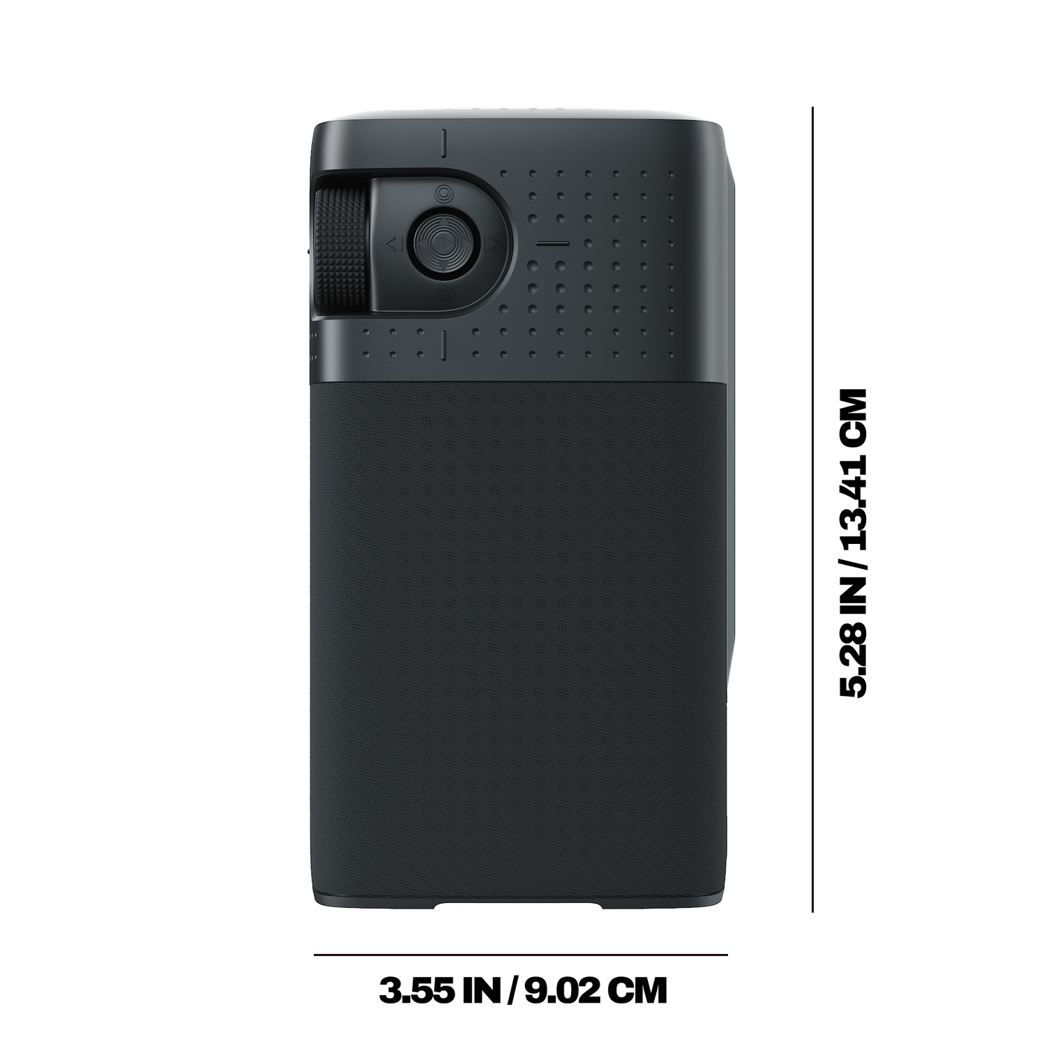 A black session 900 shown from the back with dimension labels indicating 5.28 inches | True Black