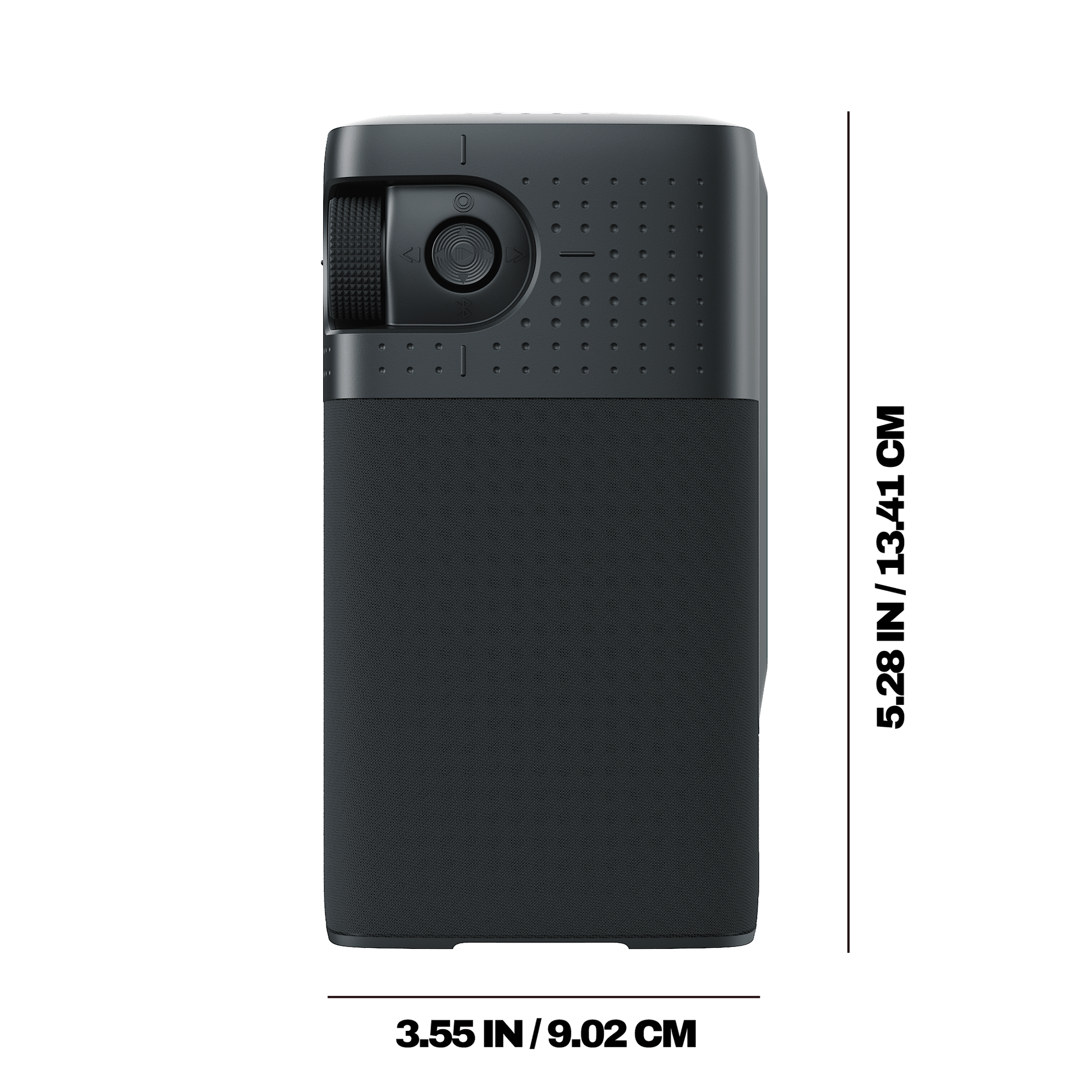 A black session 900 shown from the back with dimension labels indicating 5.28 inches | True Black