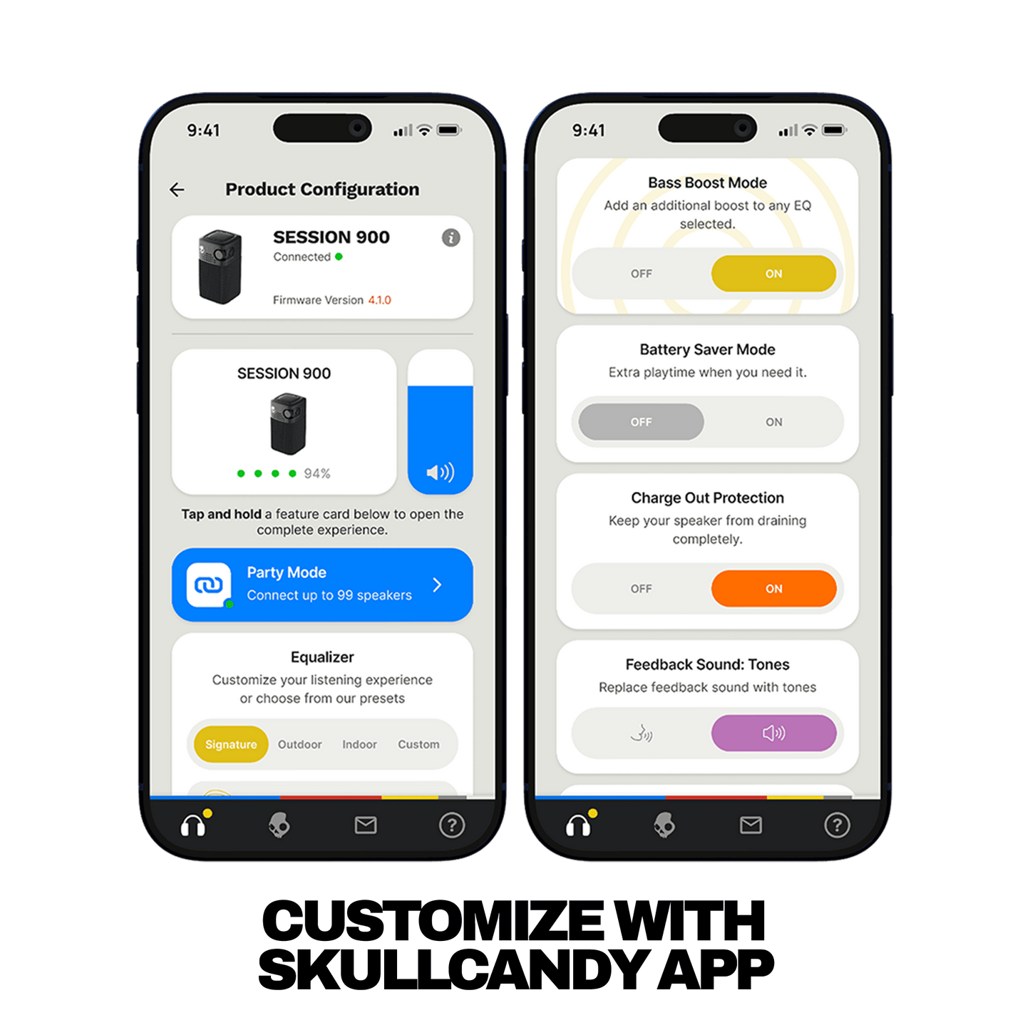 Two smartphone app screens shown side by side on a white background, displaying product configuration options for a speaker setup. Large text below reads 'CUSTOMIZE WITH SKULLCANDY APP'. | Primer