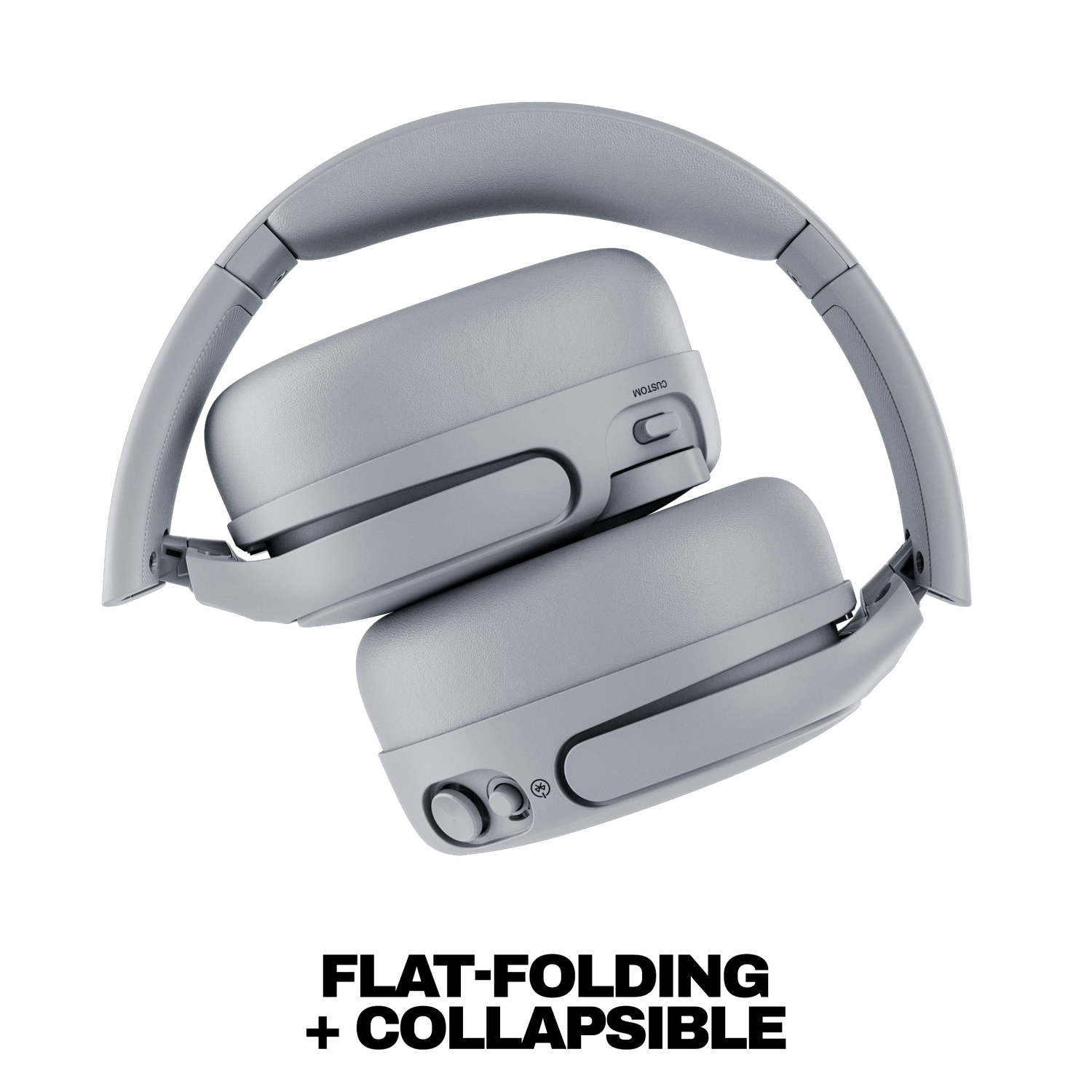 Light gray, Cement color, Crusher 720 over-ear headphones shown on a white background with the text 'FLAT-FOLDING + COLLAPSIBLE' below. | Cement