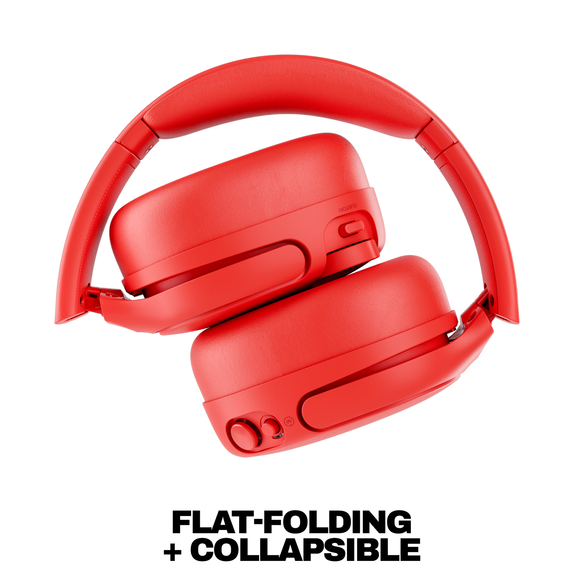 Red Crusher 720 over-ear wireless headphones shown on a white background with the text 'FLAT-FOLDING + COLLAPSIBLE' below. | Plasma