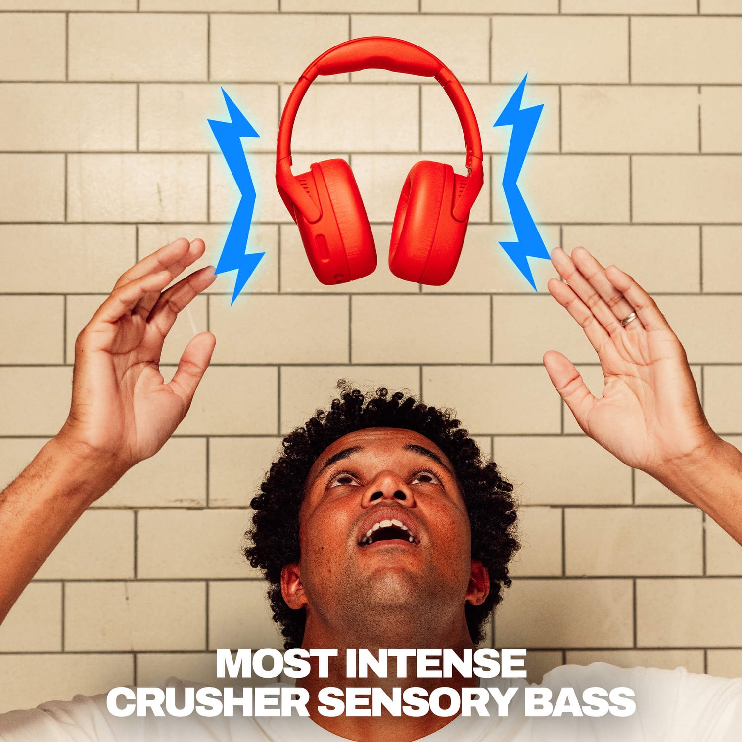 Person with red headphones and blue lightning bolts against a tiled wall, with 'Crusher Sensory Bass' text. | Plasma