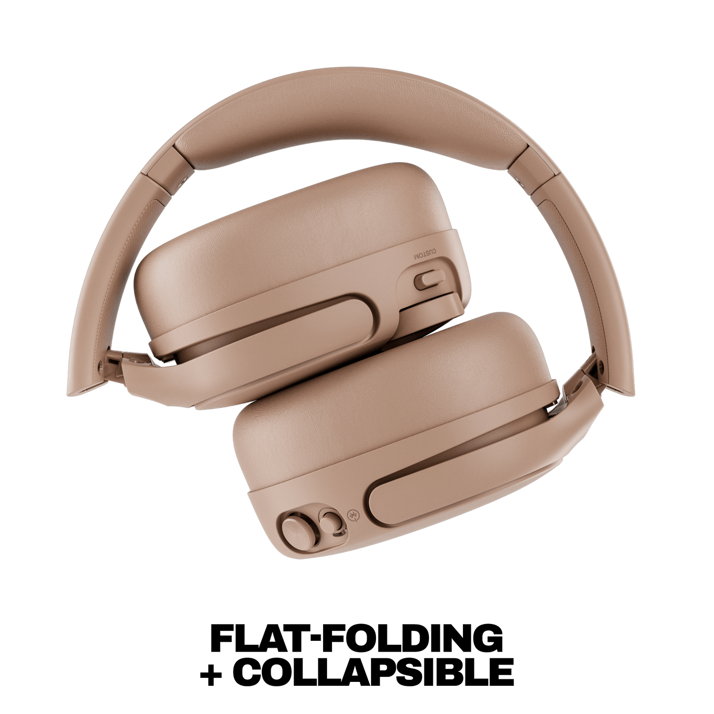 Beige, or Primer color, Crusher 720 over-ear headphones shown on a white background with the text 'FLAT-FOLDING + COLLAPSIBLE' below. | Primer